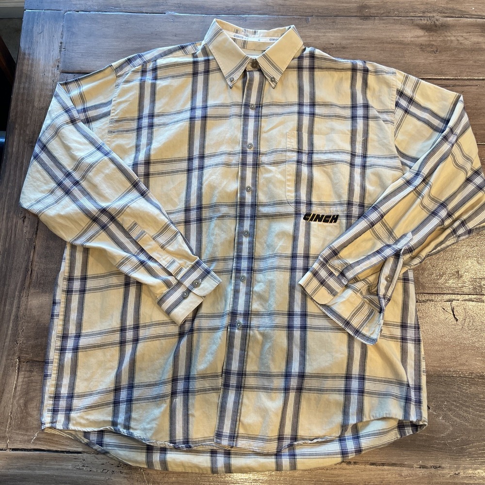 Cinch Button Down Long Sleeve Shirt L Brown Blue Plaid Western Cowboy